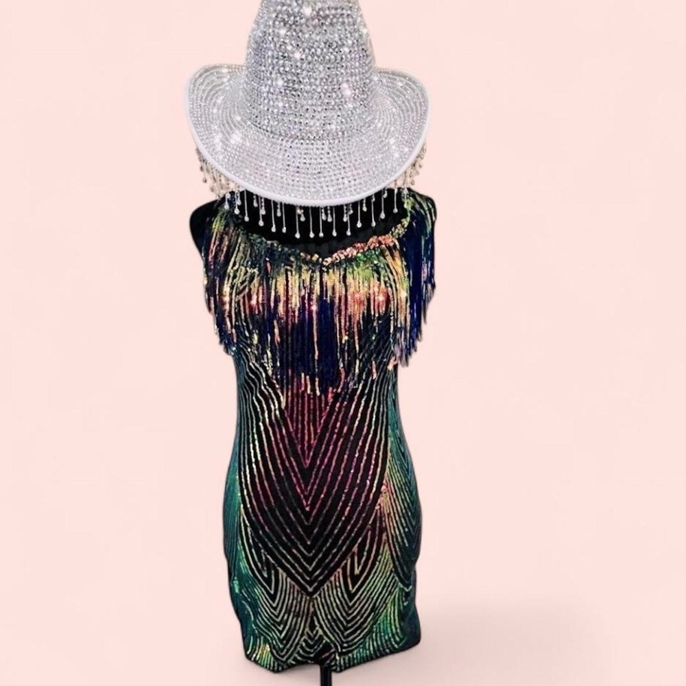 Dress Elegant Green, Black and Gold sparkles Mini Dress.